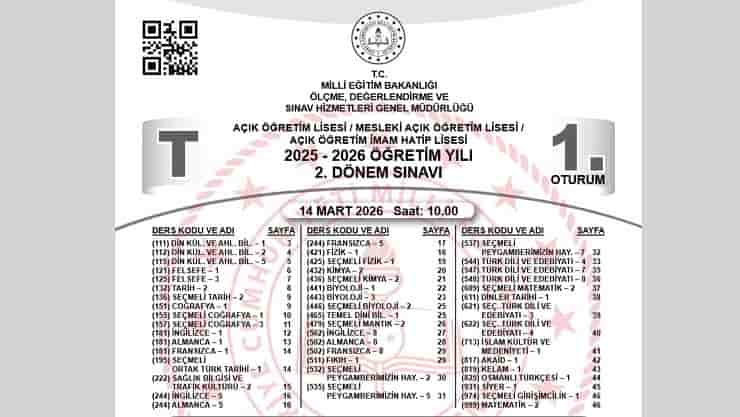 14-15 MART 2026 TARİHLERİNDE YAPILAN AÇIK ÖĞRETİM KURUMLARI 2. DÖNEM SINAVLARININ SORU KİTAPÇIKLARI VE CEVAP ANAHTARLARI YAYIMLANDI