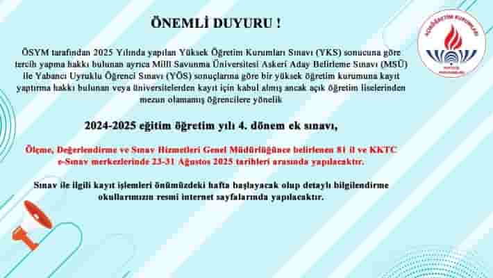 AÖL.MEB Önemli Duyuru: 2024-2025 eğitim öğretim yılı 4. dönem EK SINAV tarihleri ve kimler girecek sorusu cevaplandı